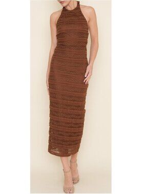 PRIMP BOUTIQUE Monica Halter Lace Midi Dress in Brown (L)